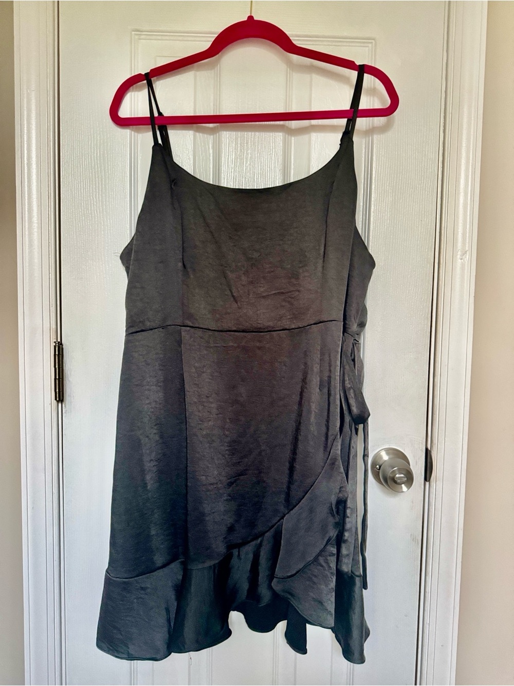 wild fable Black Satin-Look Ruffle Wrap Dress